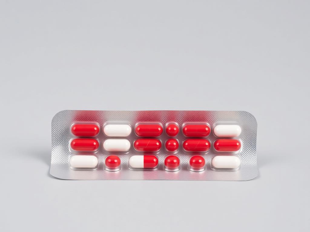 Blister strip of red and white amoxicillin capsules on a light studio background