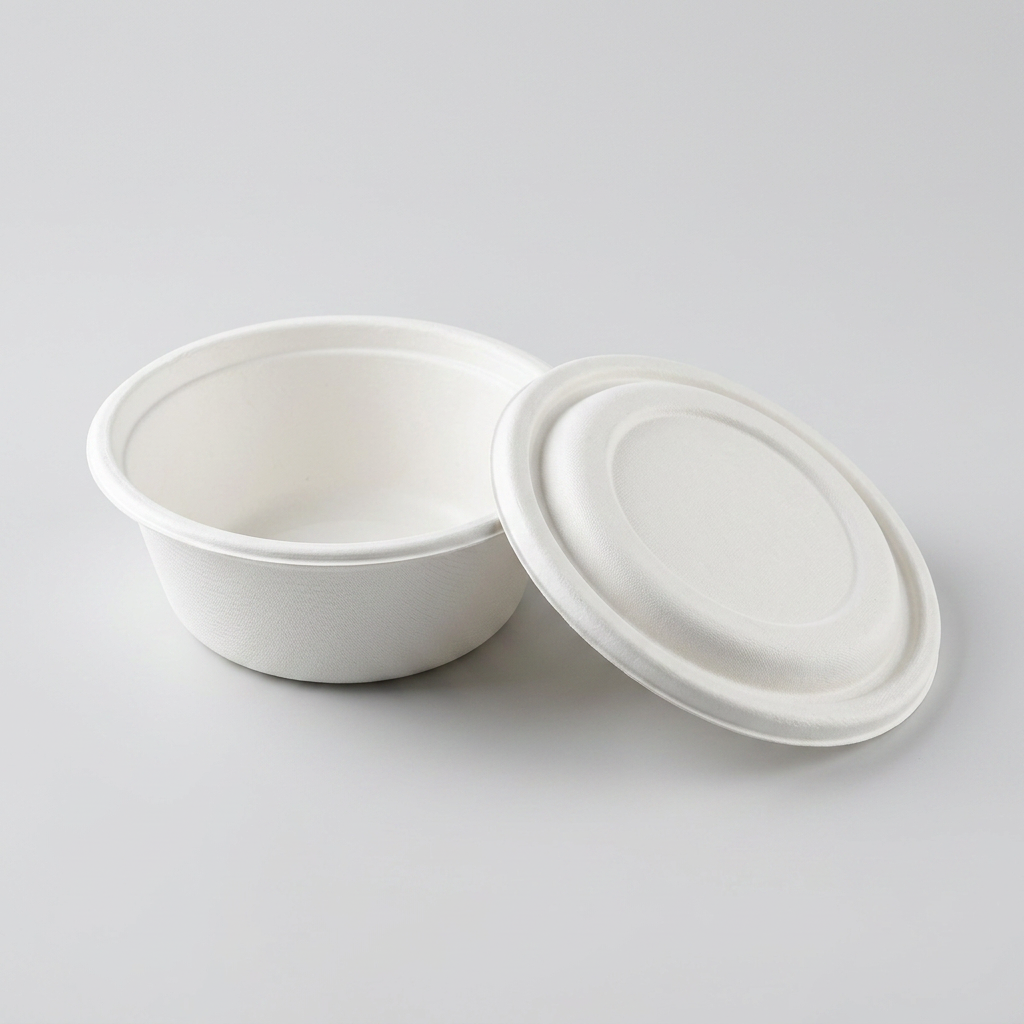 Round white sugarcane bagasse bowl with a matching bagasse lid beside it