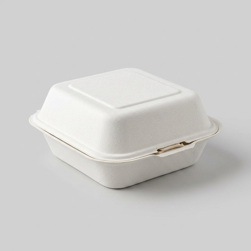 Closed white sugarcane bagasse hinged clamshell burger box