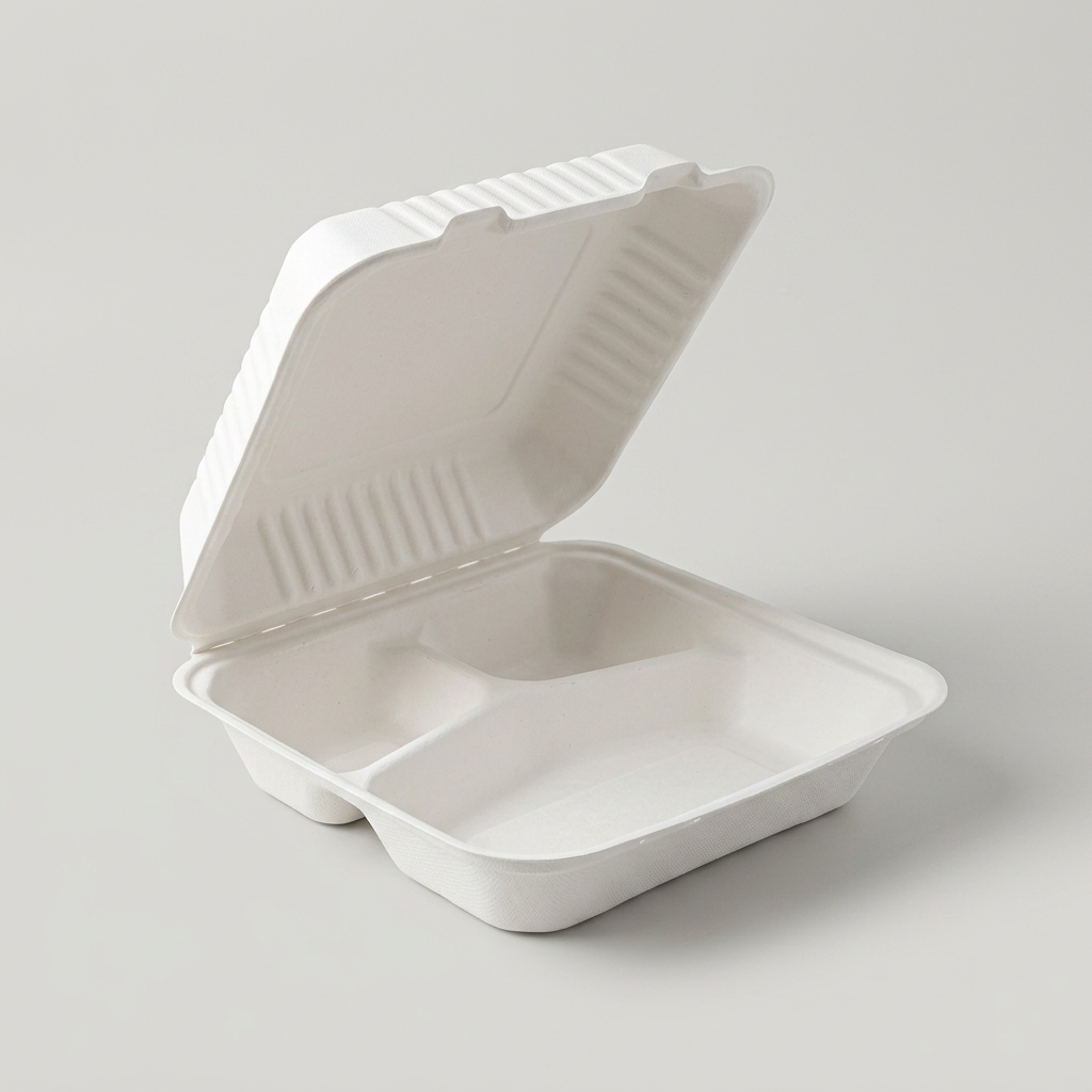 Open white sugarcane bagasse hinged lunch box with three compartments