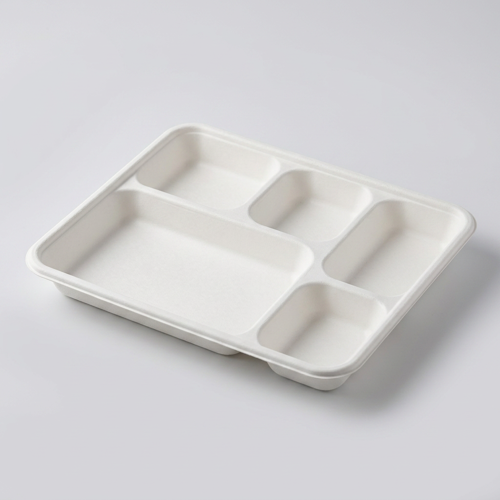Rectangular white sugarcane bagasse meal tray with five moulded compartments