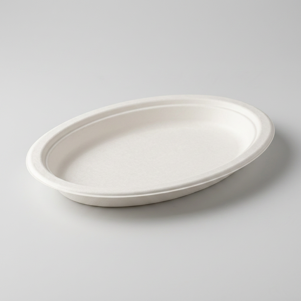 Oval white sugarcane bagasse serving platter on a light background