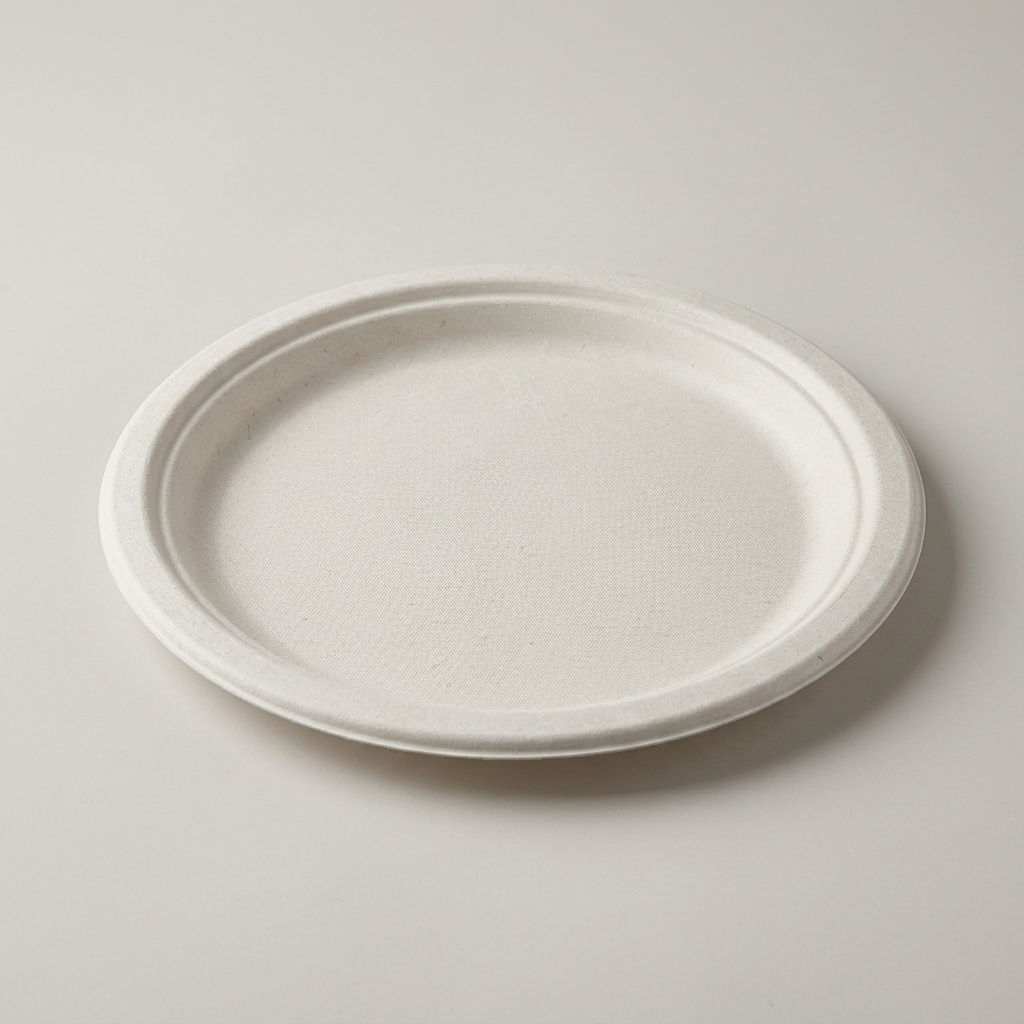Plain round white moulded sugarcane bagasse dinner plate, 10 inch, on a light background