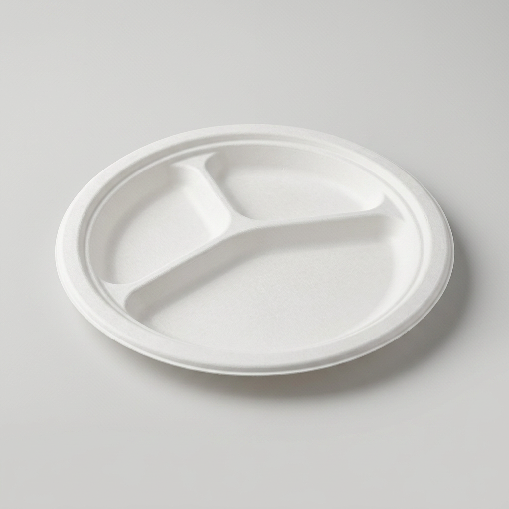 Round white sugarcane bagasse plate with three moulded compartments