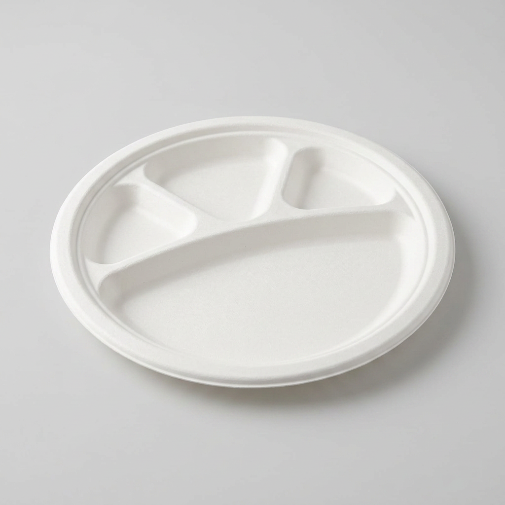 Large round white sugarcane bagasse thali plate with four moulded compartments