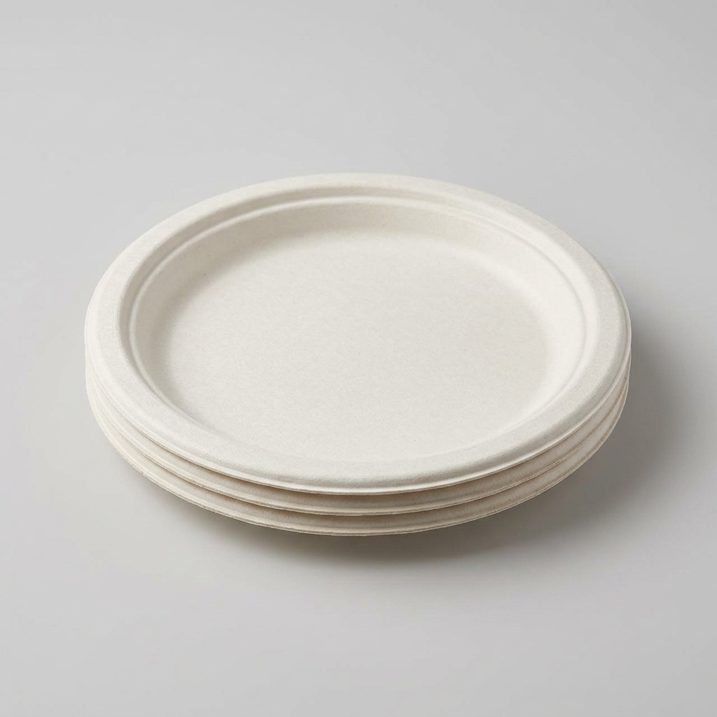 Stack of plain round white sugarcane bagasse side plates on a light background