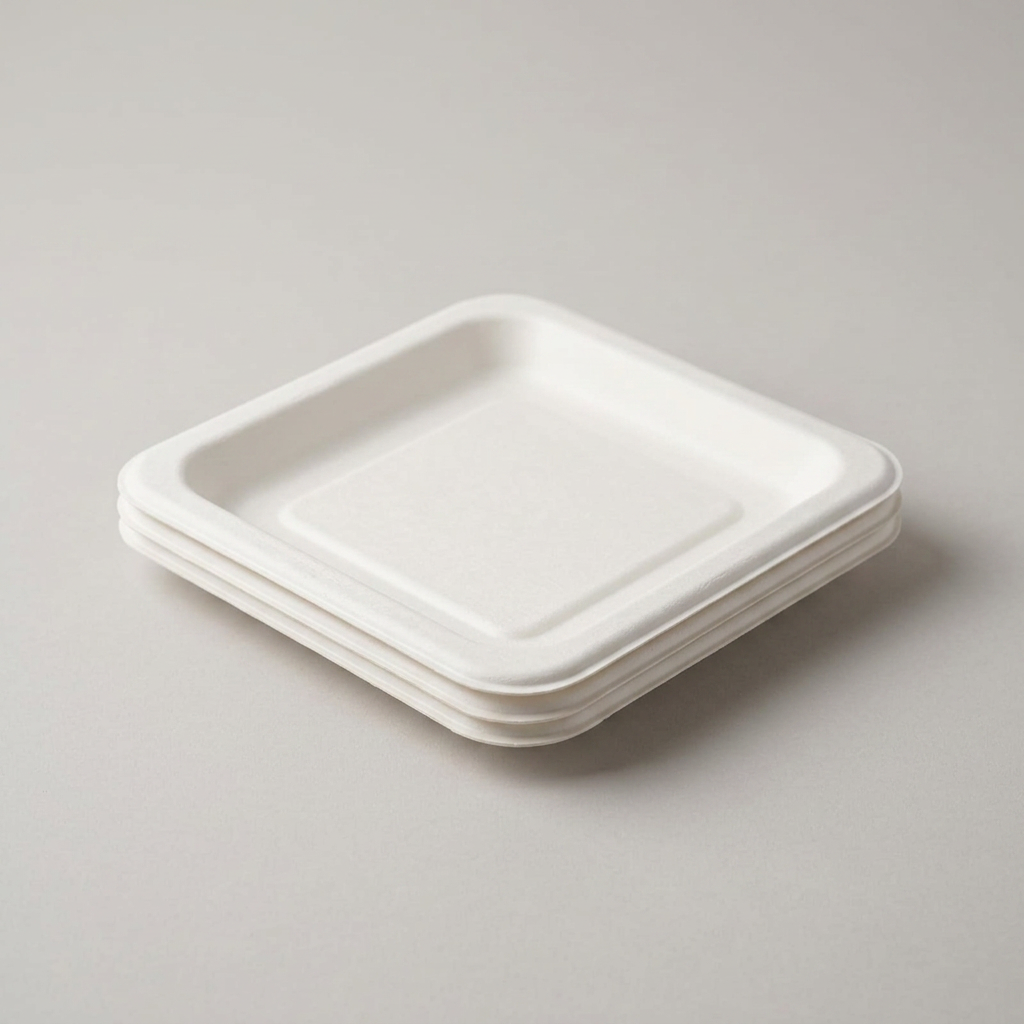 Stack of square white sugarcane bagasse snack plates on a light background
