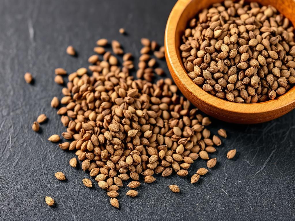Whole cumin seeds in a wooden bowl and scattered on a dark slate surface