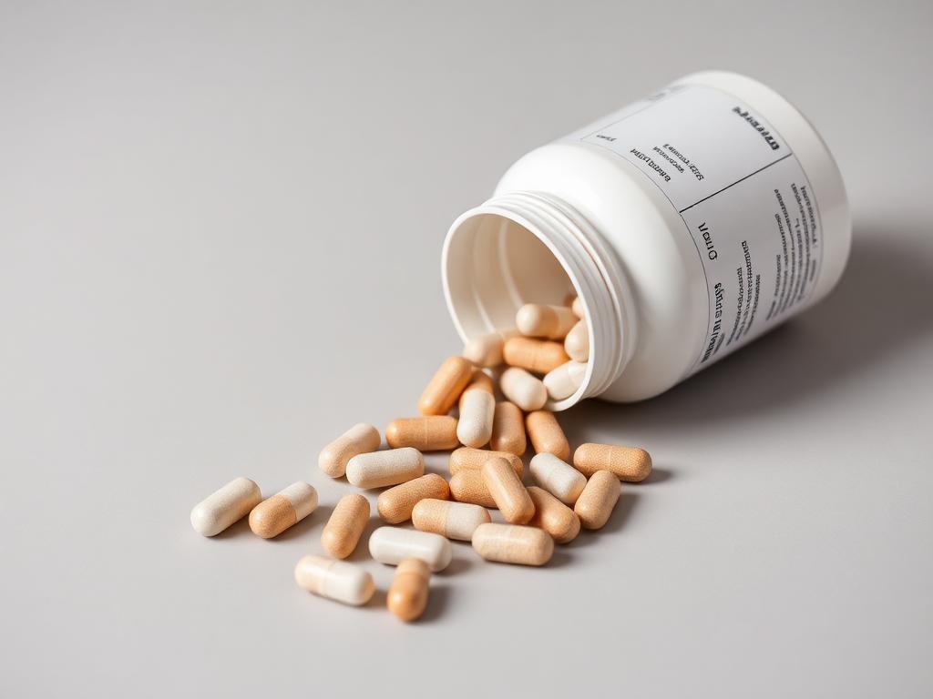 Coated multivitamin tablets spilling from a plain white supplement bottle