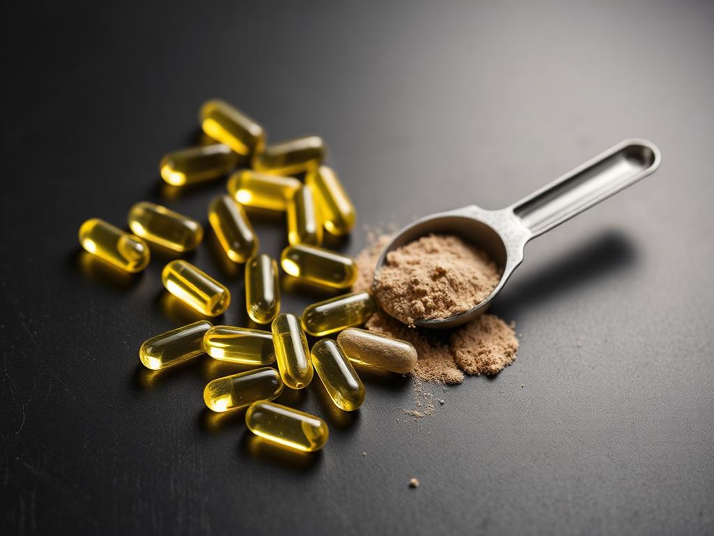Nutraceutical softgel capsules and a scoop of supplement powder ready for bulk export