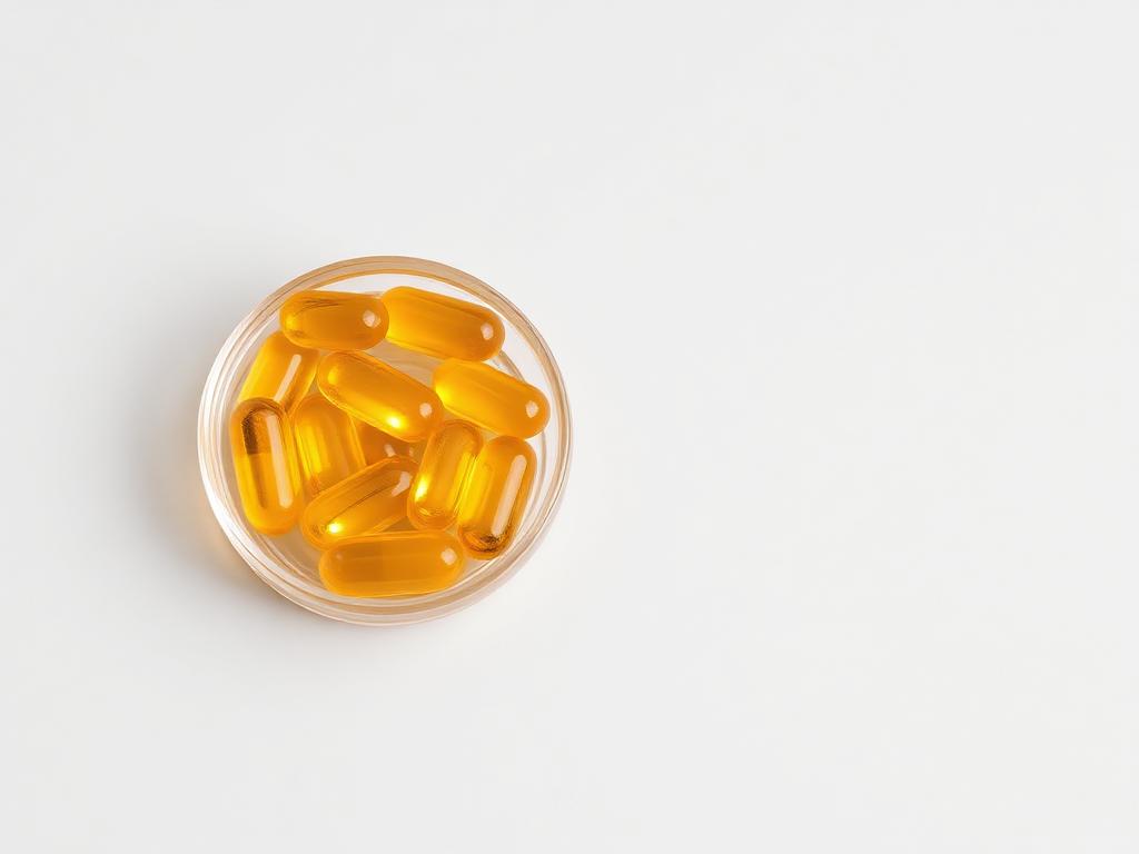Golden omega-3 fish oil softgel capsules in a small glass dish
