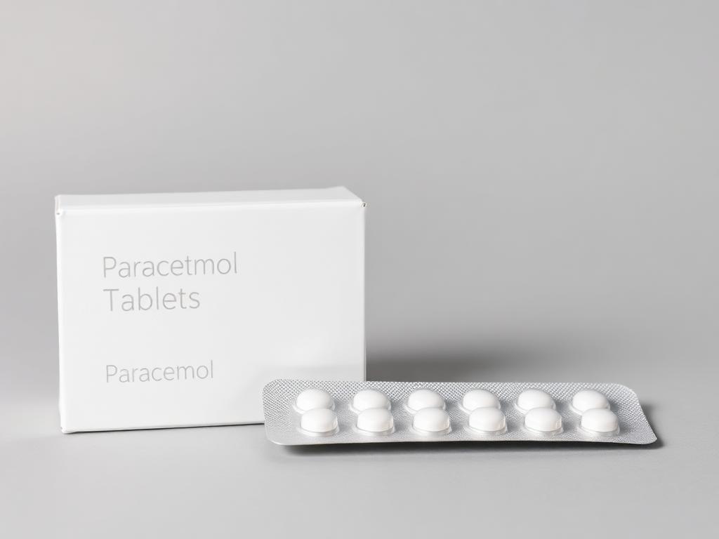 Blister strip of white paracetamol 500 mg tablets beside a plain export carton