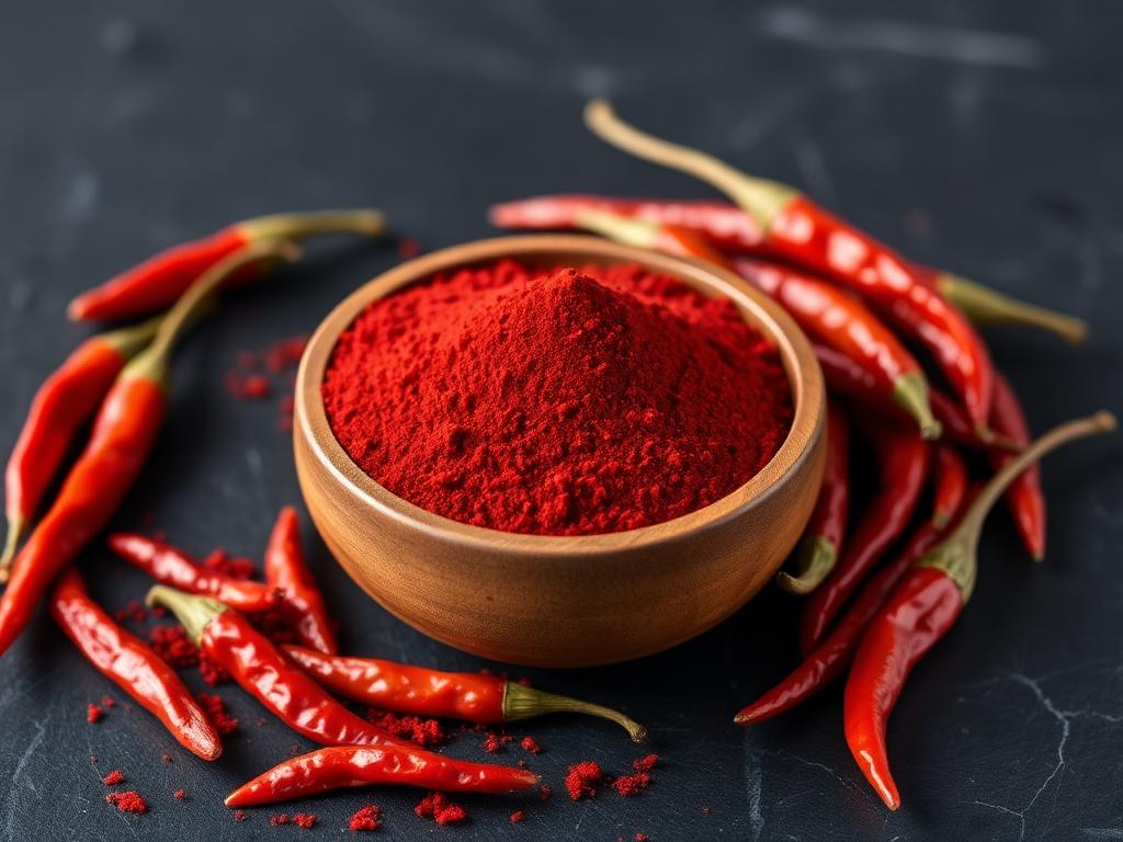 Bowl of deep red chilli powder surrounded by dried whole red chillies on slate