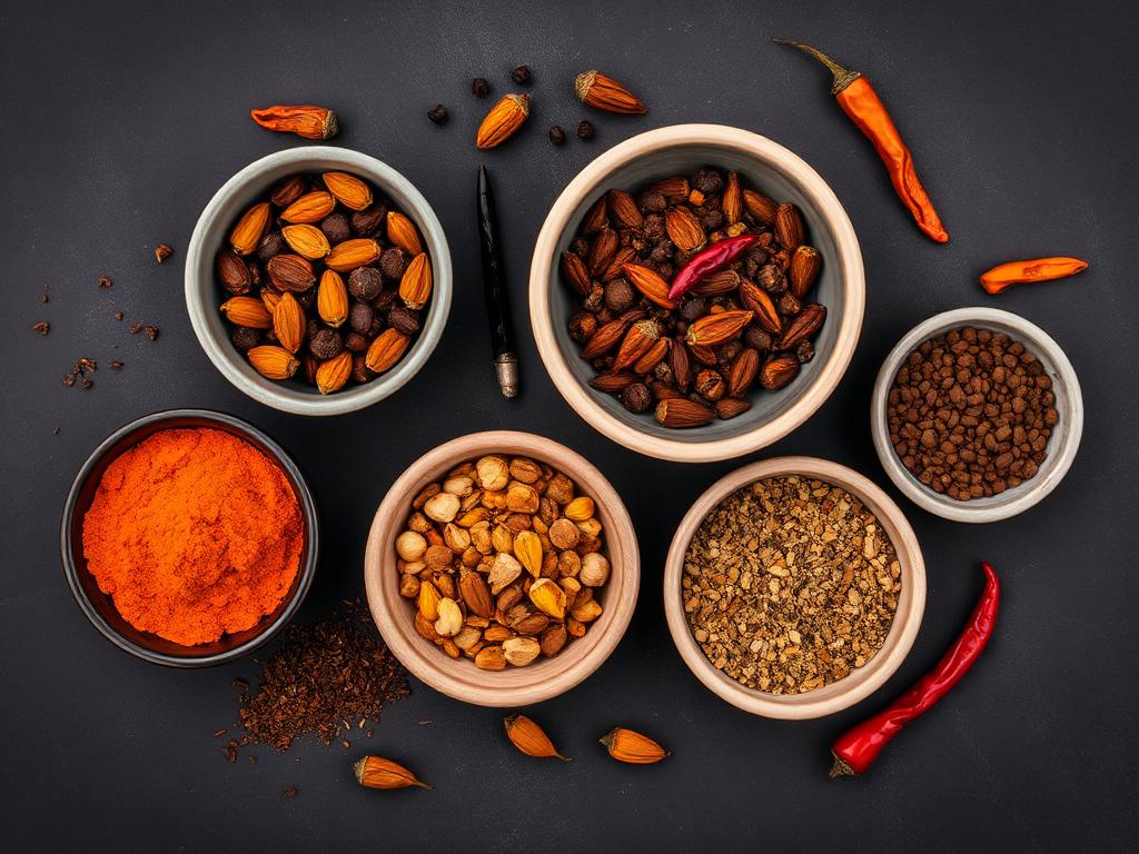 Bowls of Indian whole and ground spices including turmeric, chilli, cumin and cardamom