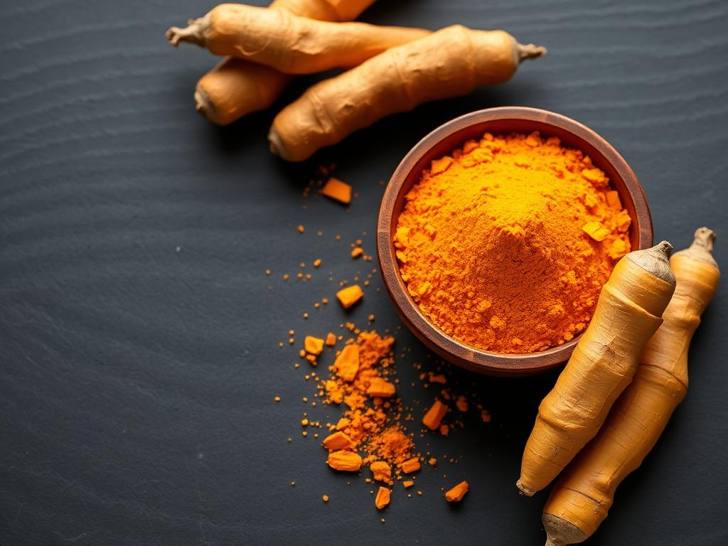 Bowl of bright golden turmeric powder with whole turmeric fingers on slate