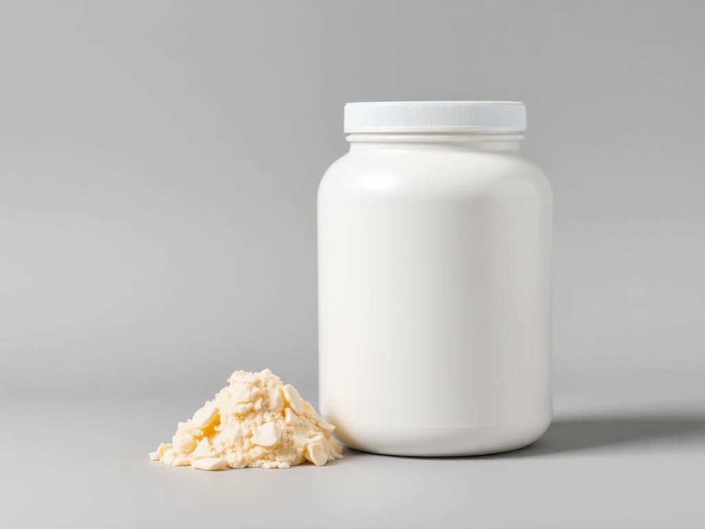 Scoop of whey protein powder beside a plain white supplement tub